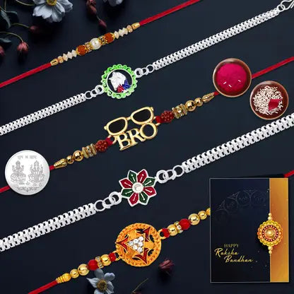 Premium Rakhi Set Of 5 For Brother  Stylish Combo With Silver Plated Coin Roli Chawal  Greeting Card Premium Rakhi Set Of 5 For Brother  Stylish Combo With Silver Plated Coin Roli Chawal  Greeting Card